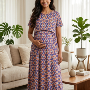 Women’s Maternity Feeding Maxi Dress | Soft Cotton Pregnancy & Nursing Nighty for Daily Wear