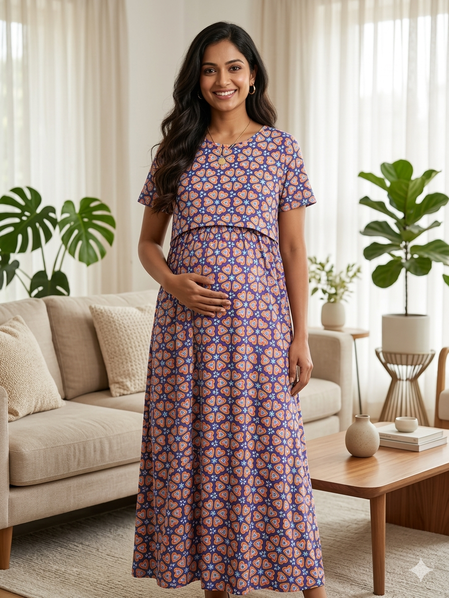 Women’s Maternity Feeding Maxi Dress | Soft Cotton Pregnancy & Nursing Nighty for Daily Wear